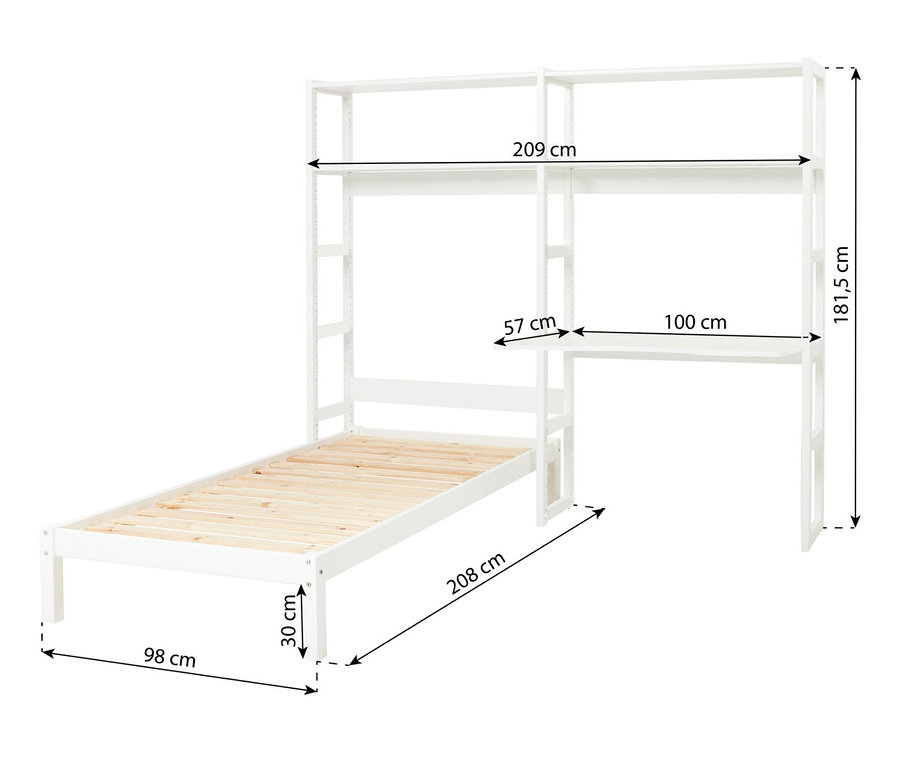 Weißes Hoppekids Regalbett »Storey« mit Regalen und Abmessungen.