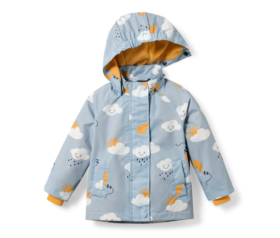 Hellblaue Kleinkind-Thermo-Regenjacke mit Alloverprint von Wolken, Sonne und Drachen.