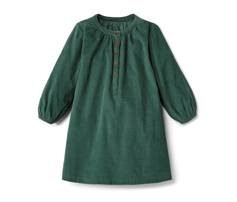 Grünes Kleinkind-Cordkleid mit langen Ärmeln und Knöpfen.