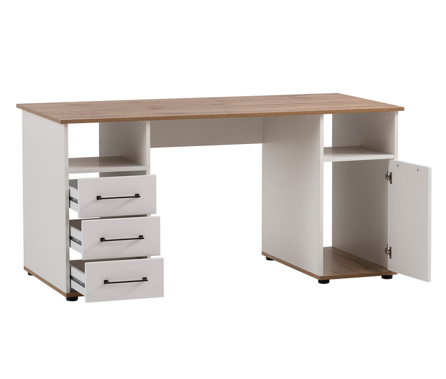 Weißer Schreibtisch »Jelda« mit Holzplatte, drei Schubladen sind geöffnet, eine Tür ist geöffnet.