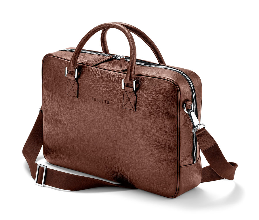 Braune Leder-Aktentasche »Goldpfeil« mit Griffen und Schulterriemen.