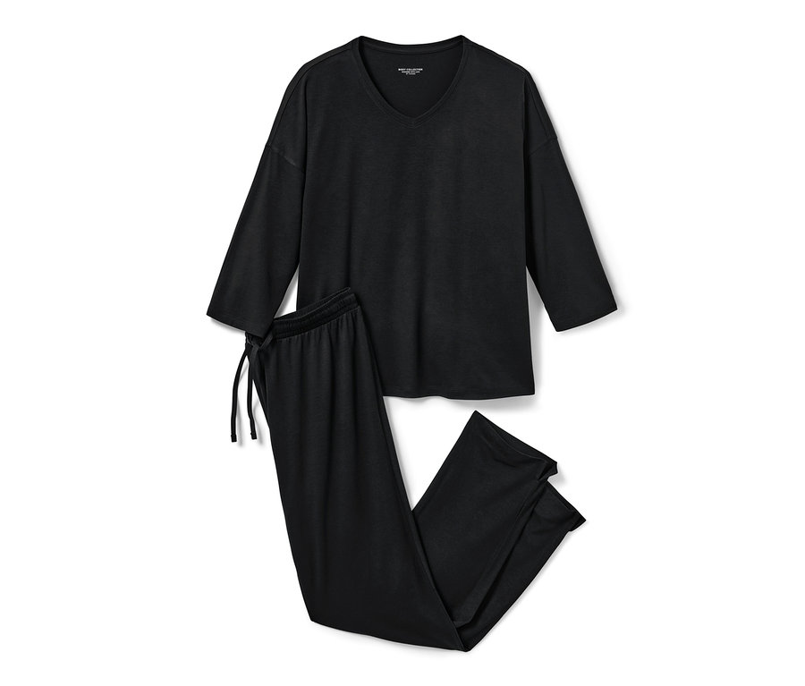 Schwarzer Pyjama mit langärmligem Oberteil und Hose.