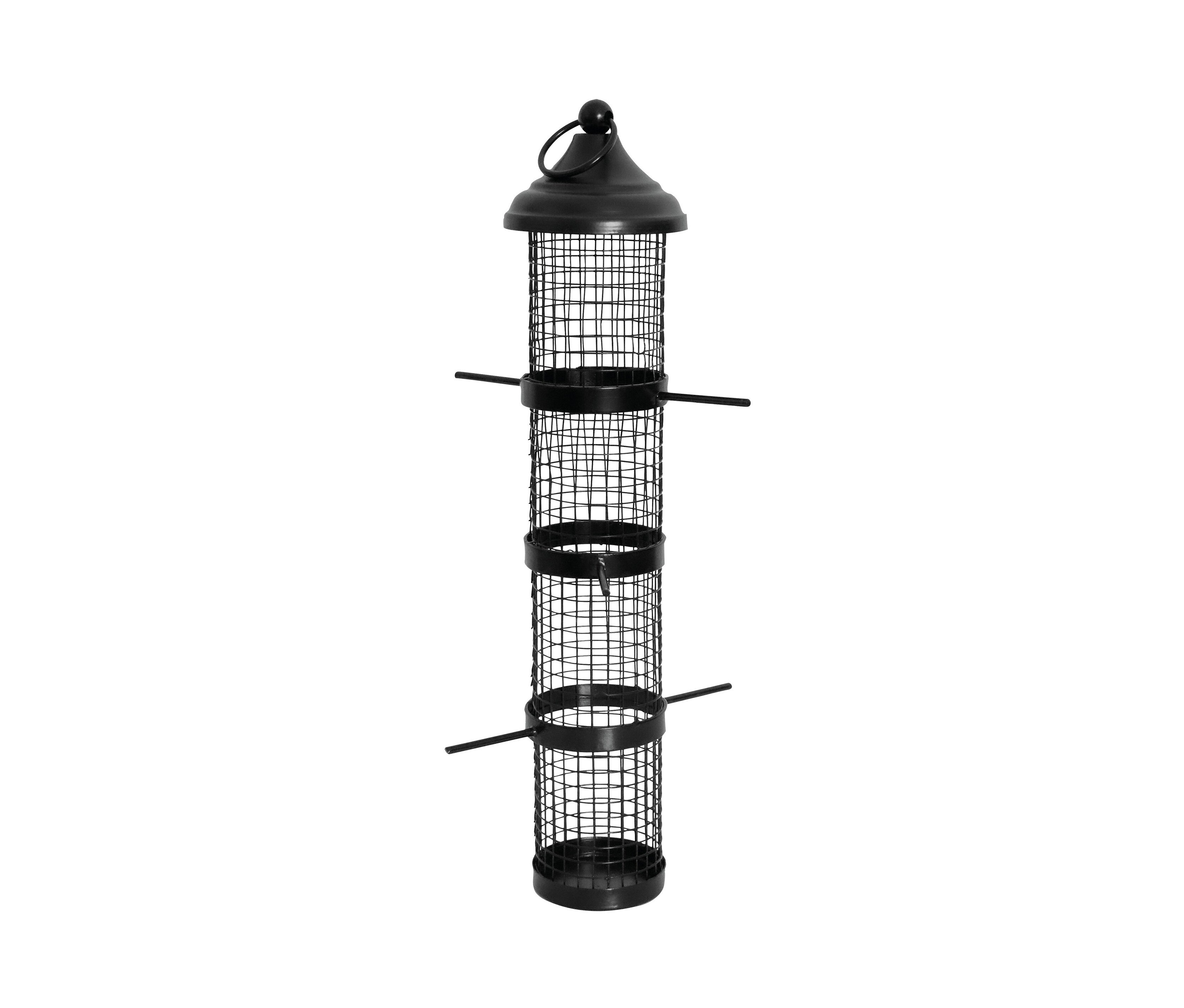 Eine schwarze Metallsäule, ca. 9 x 40 cm, mit zylinderförmigem Netz und Sitzstangen.