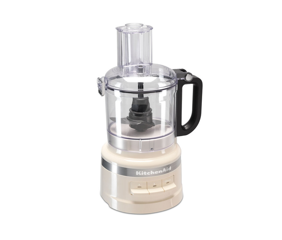 Weißer KitchenAid Zerkleinerer »5KFP0719« mit transparentem Behälter und schwarzem Griff.