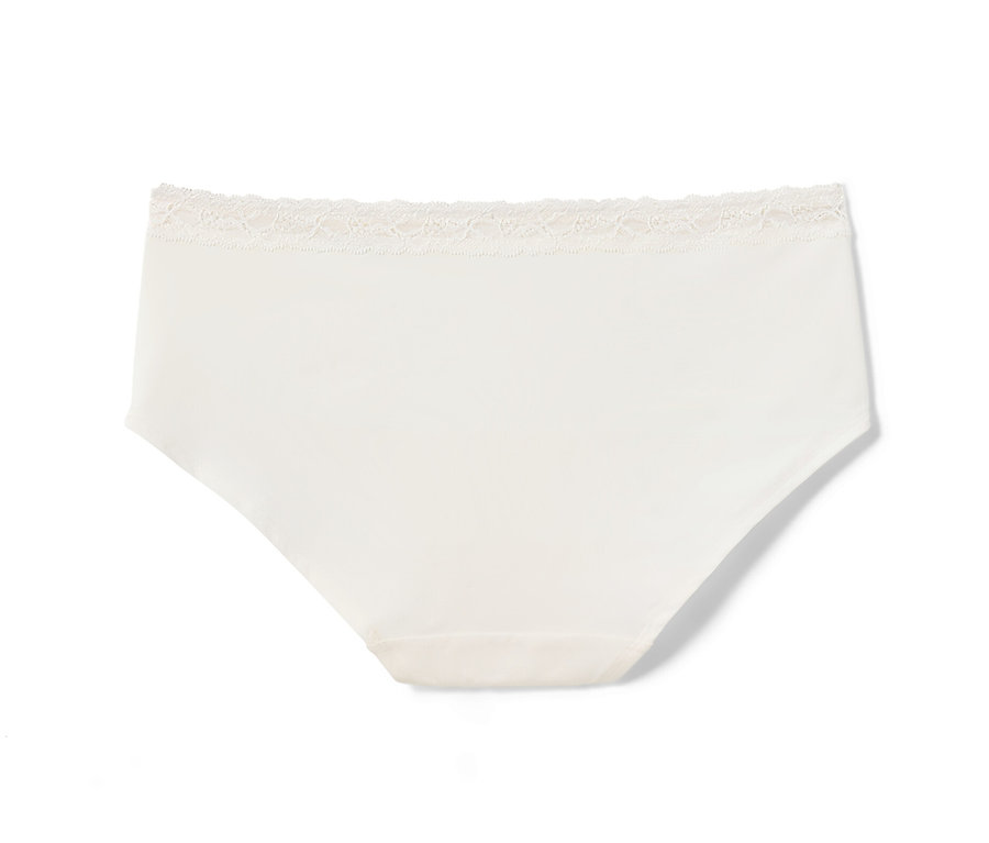 Einzelner, cremefarbener Damenslip mit Spitze.