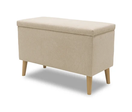 Beiger DOMO Hocker mit Staufach auf vier Beinen.