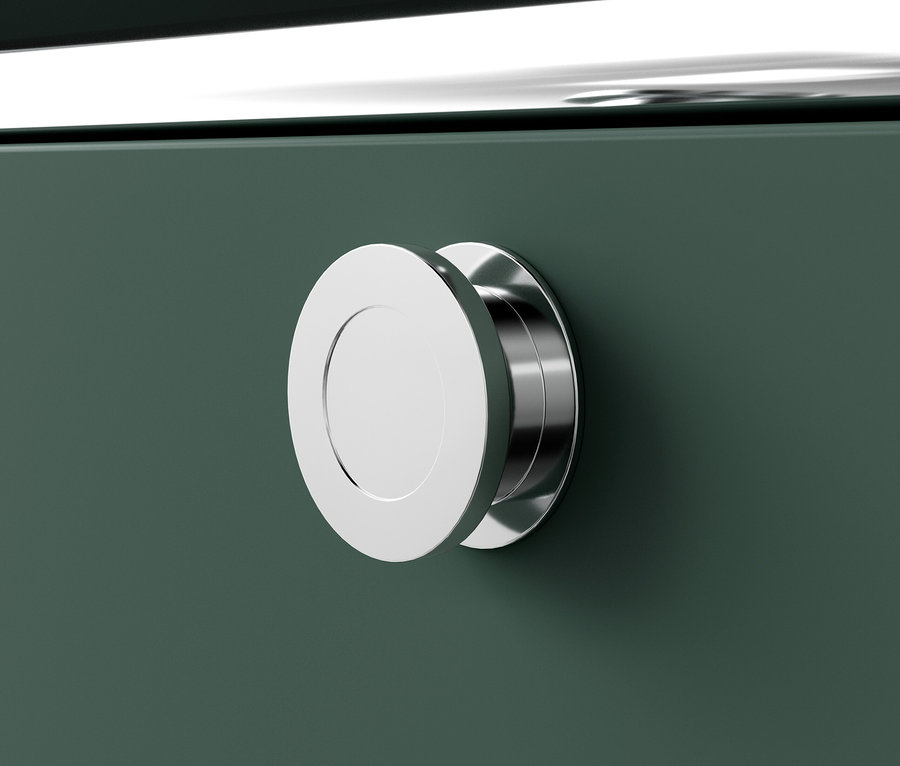 Detail einer olivgrünen Kommode Metall »CN3« mit rundem silbernen Griff.
