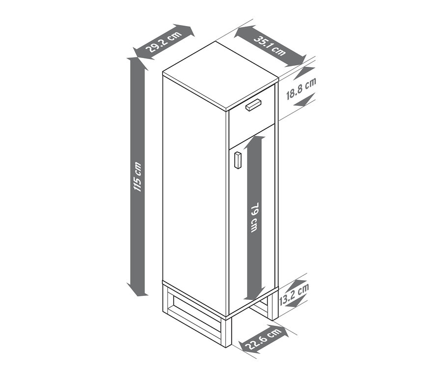 Abbildung eines schmalen Badezimmer-Beistellschranks mit Schublade und Tür mit hervorgehobenen Abmessungen.