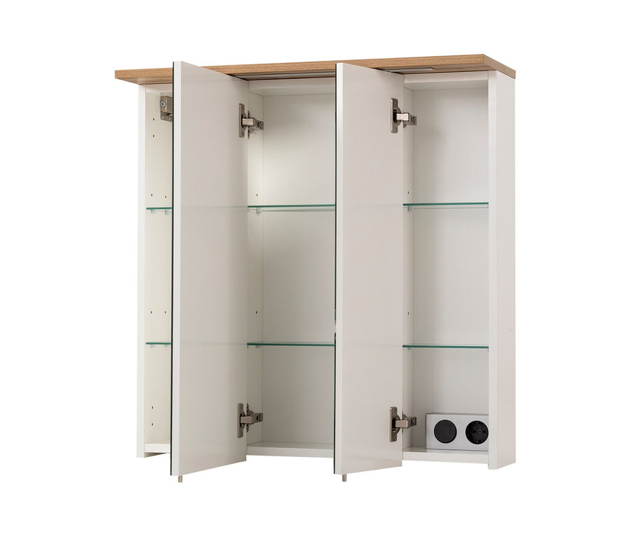 Geöffneter Spiegelschrank Jelda in Weiß und Eiche-Dekor.