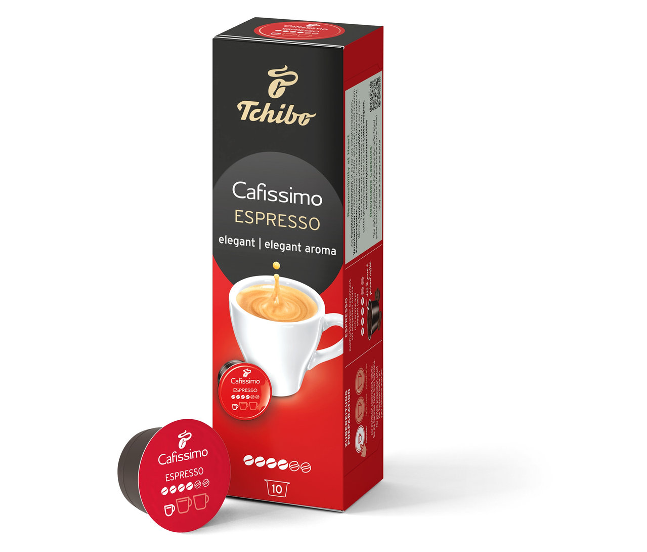 Eine Packung Cafissimo Espresso elegant - 10 Kapseln steht neben einer einzelnen Kapsel.