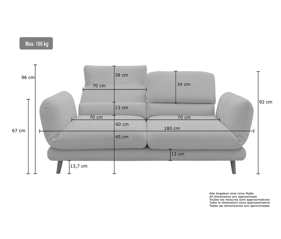 Maße des grauen 2-Sitzer Sofas "DOMO FuAR" in Zentimetern angegeben.