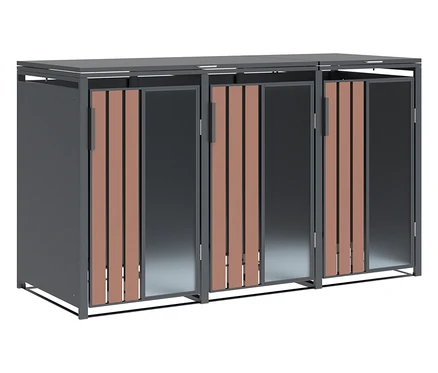 Dreiteilige Outdoor-Aufbewahrungsbox mit grauem Metallrahmen und braunen Holzlamellen.