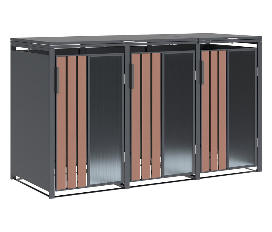 Dreiteilige Outdoor-Aufbewahrungsbox mit grauem Metallrahmen und braunen Holzlamellen.