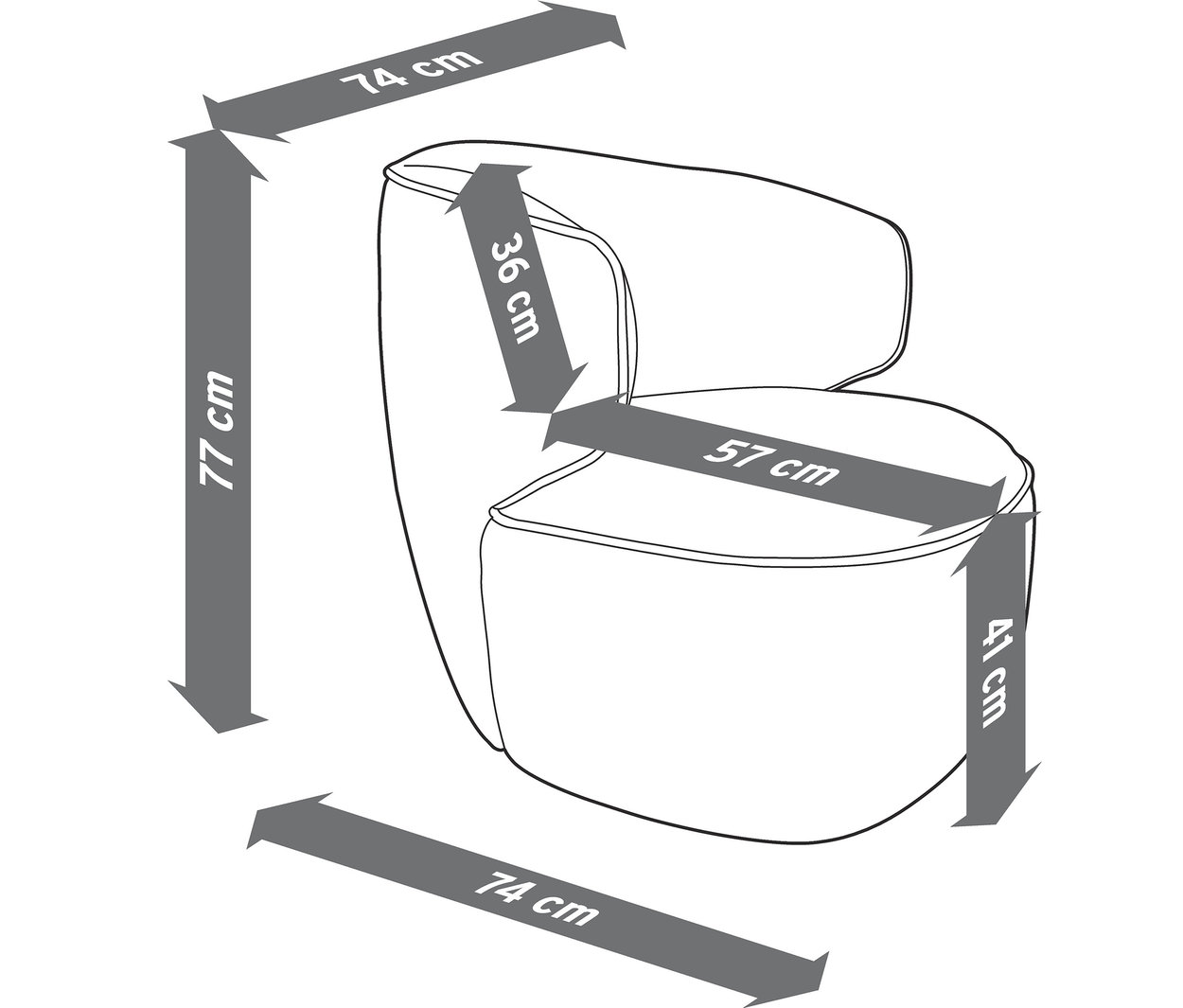 Abmessungen von drehbarem Sessel sind mit Pfeilen dargestellt.