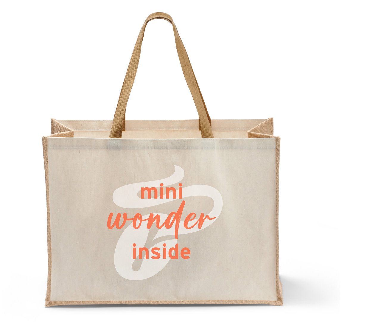 Eine Stofftasche mit dem Aufdruck "mini wonder inside" in Koralle.