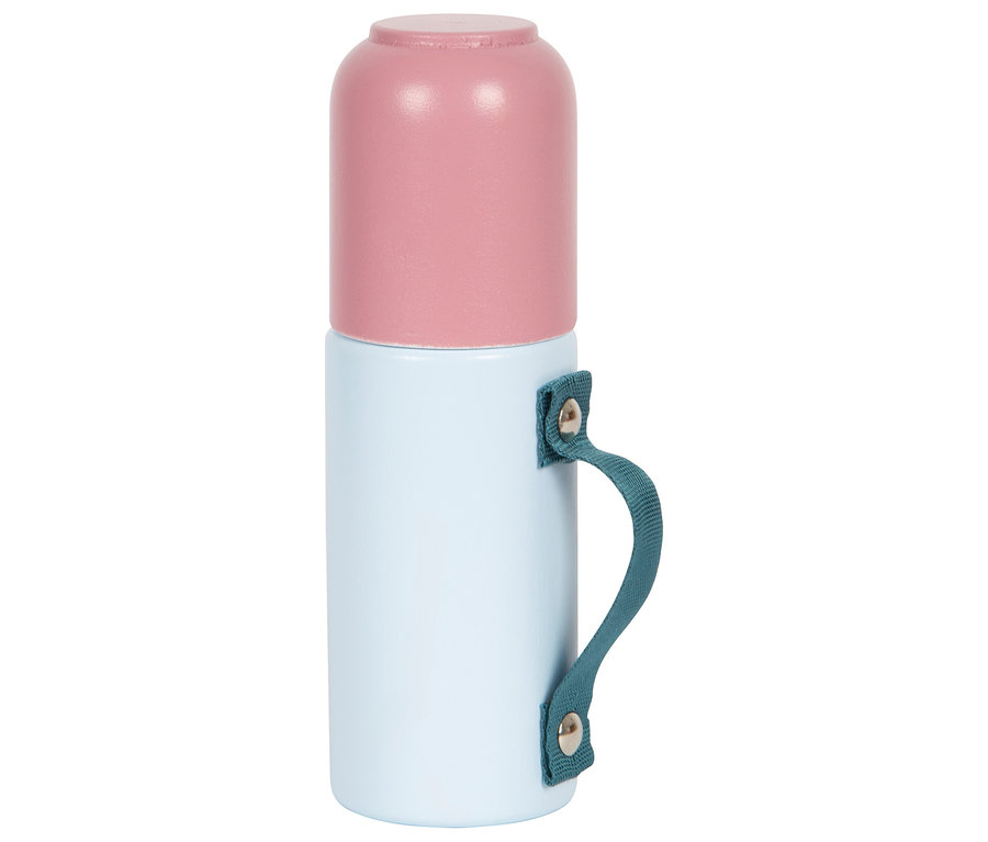 Rosa-blaue Thermosflasche mit Griff.