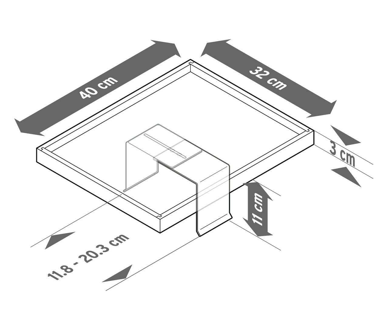 Das Diagramm zeigt eine quadratische Unterlage mit den Maßen 40 cm x 32 cm mit einem Ausschnitt und markierten Abmessungen.