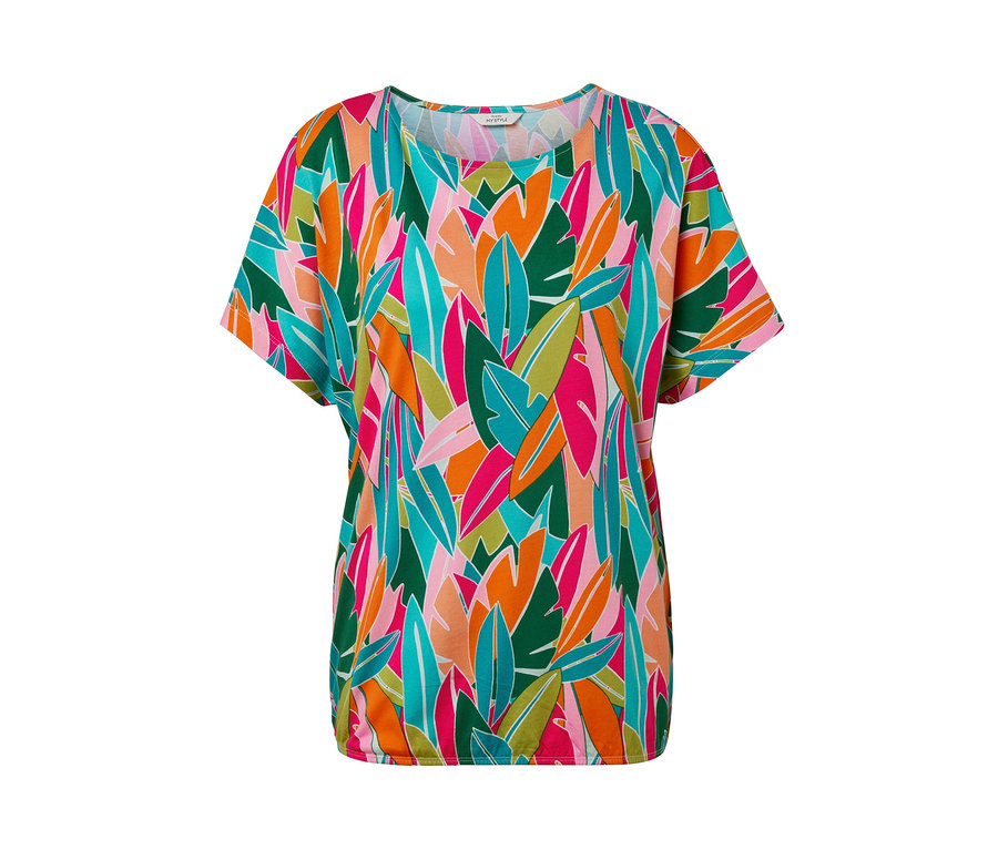 Überschnittenes Blusenshirt mit Alloverprint aus Blättern in Grün, Rosa, Orange und Blau.