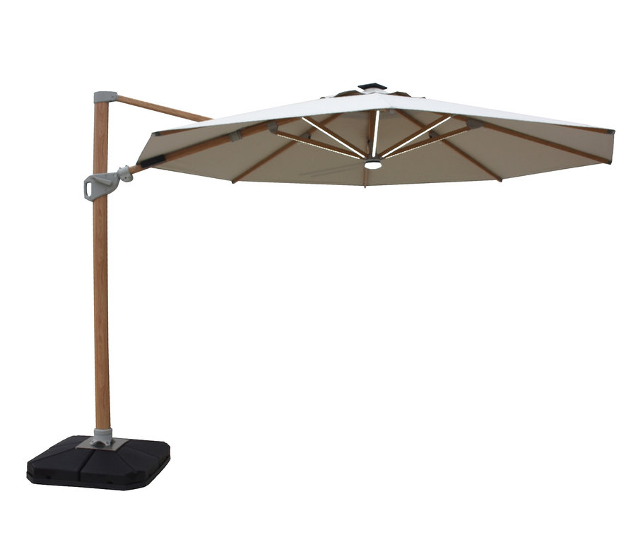 Ein Leco LED-Ampelschirm, ca. 350 cm, mit Abdeckhaube, steht auf einem schwarzen Sockel.