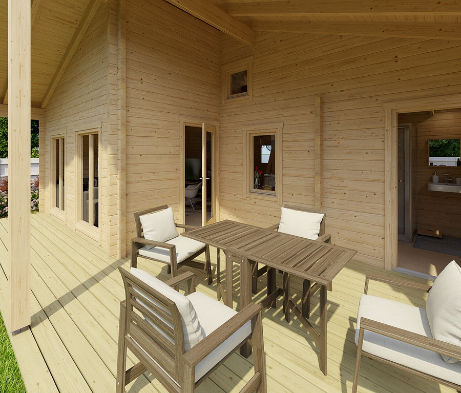 Veranda mit Sitzbereich an einem zweistöckigen Weka Wochenendhaus mit 66 m2 Wohnfläche und 70 mm Wandstärke.