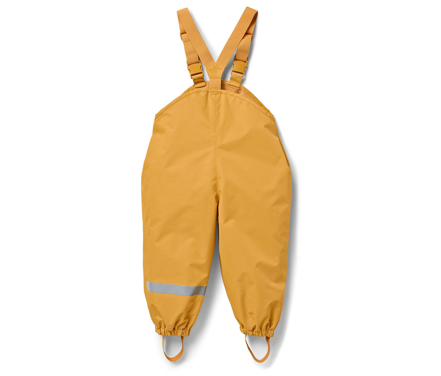 Goldene Kinder-Regenhose mit Latz und einem reflektierenden Streifen am Hosenbein.