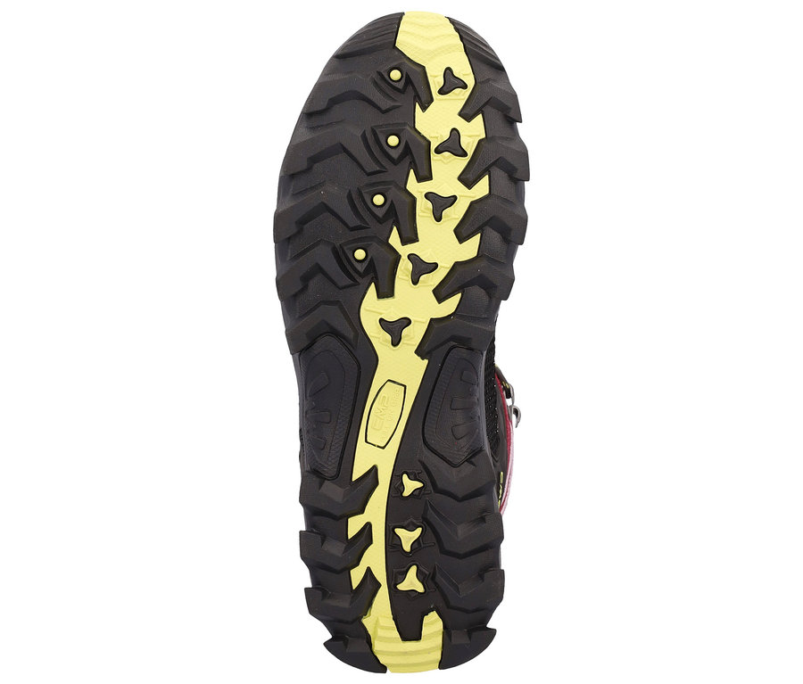 Ansicht der Sohle eines schwarzen Wanderschuhs mit gelben Details.