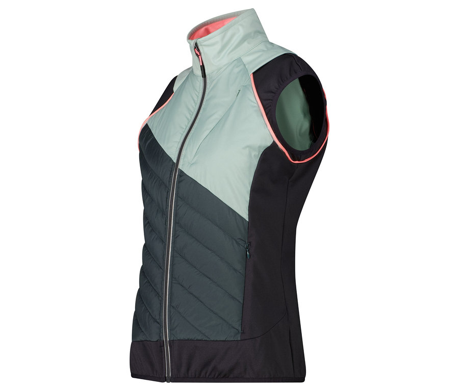 Eine grün-schwarze Steppweste mit pinkfarbenen Details.