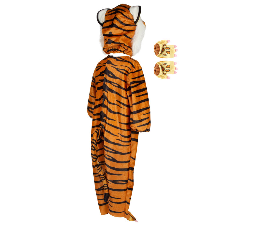Rückansicht eines Kinder-Tigerkostüms, bestehend aus Overall, Kapuze und Tatzenüberziehern.