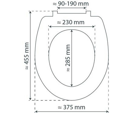 Technische Zeichnung von oben zeigt die Abmessungen eines WC-Sitzes.