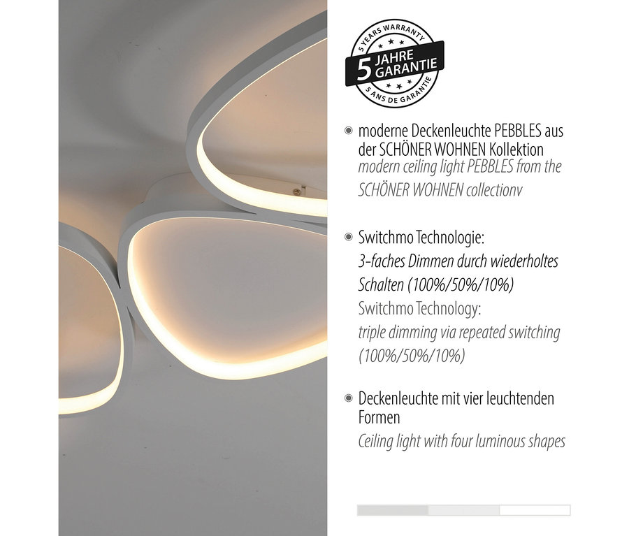 Weiße, längliche SCHÖNER WOHNEN-Kollektion Deckenleuchte »Pebbles« ist an einer Decke befestigt.