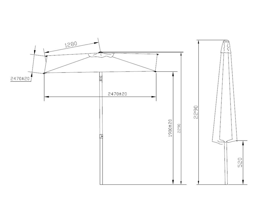 Skizze von Leco Marktschirm, 250 x 250 cm, inkl. Abdeckhaube, anthrazit und Leco Marktschirm, 250 x 250 cm, inkl. Abdeckhaube, hellgrau.