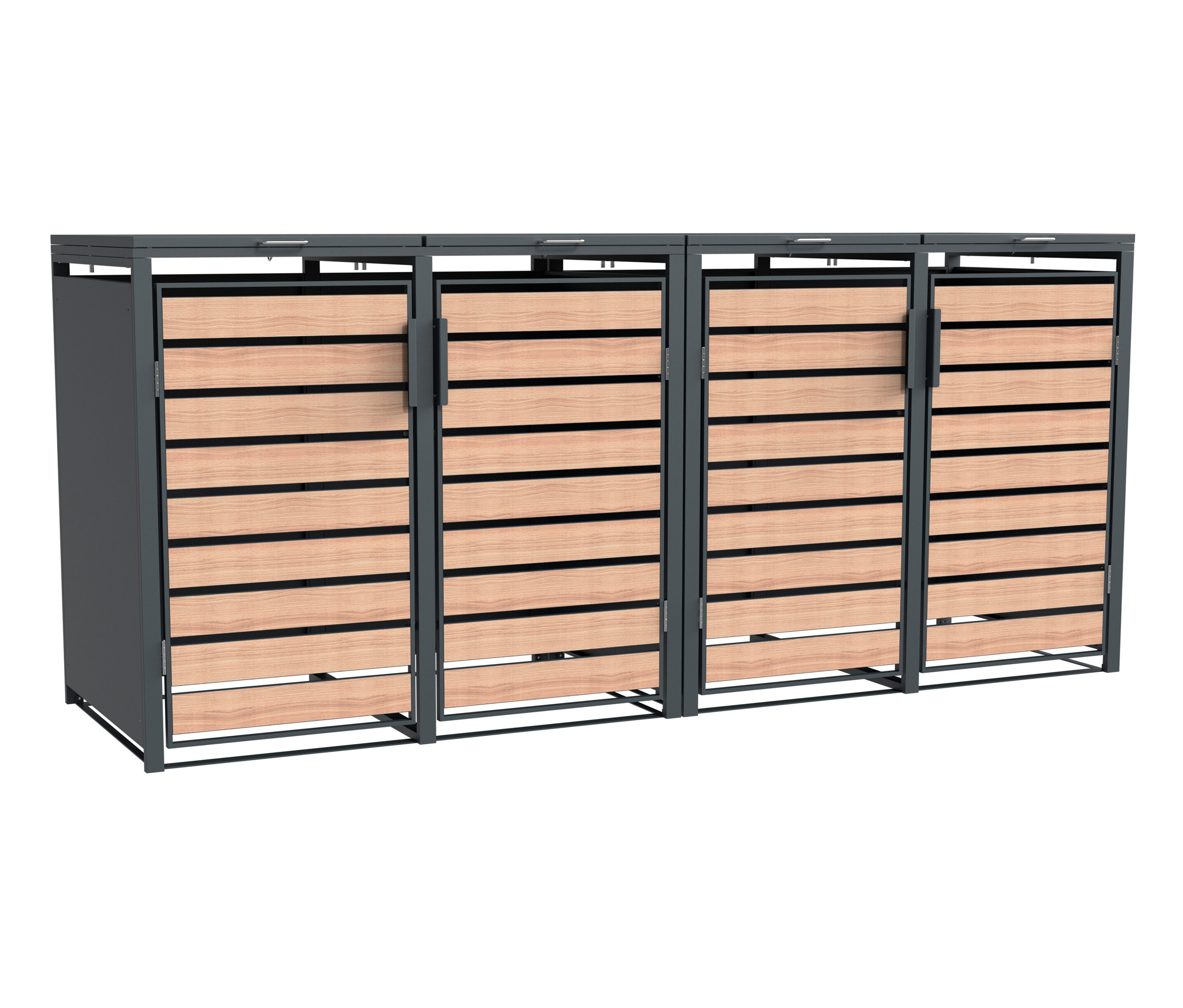 Eine Mülltonnenbox, 4er, mit horizontalen Holzlamellen und grauem Rahmen.