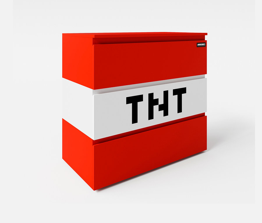 Eine rot-weiße roba Minecraft Kommode mit der Aufschrift TNT auf einem weißen Streifen.