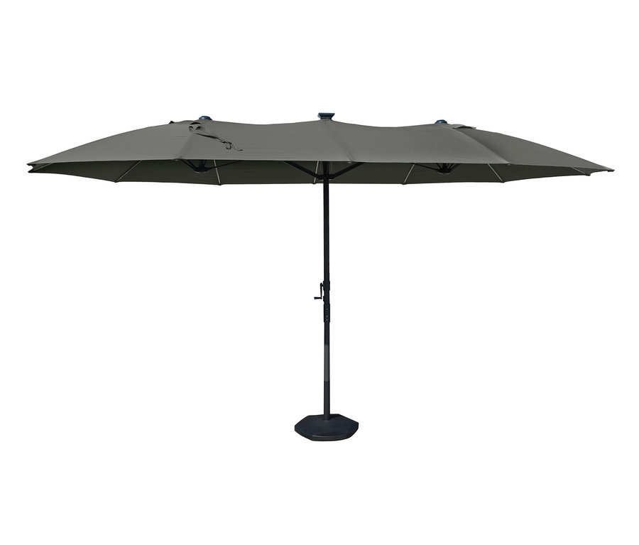 Grauer LECO Doppel-Sonnenschirm mit LED-Beleuchtung, oval, ca. 270 x 460 cm, und LECO Beton-Sonnenschirmständer mit 2 Rollen.