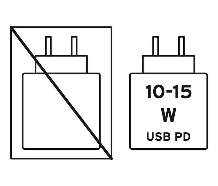 Eine Skizze eines Ladegeräts mit einem durchgestrichenen Quadrat, daneben ein Ladegerät mit der Aufschrift 10-15 W USB PD.