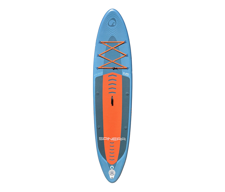 Blaues Spinera SUP Board Lets Paddle 11' 6" mit orangefarbenen Akzenten.