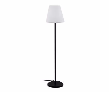 Schwarze Eglo Outdoor-Stehleuchte Alghera mit weißem Lampenschirm.