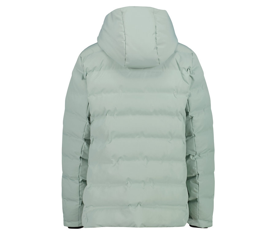Rückansicht einer hellgrünen Daunenjacke mit Kapuze.