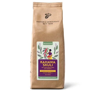 Eine Packung Projektkaffee Kahawa Skuli - 500 g ganze Bohne.