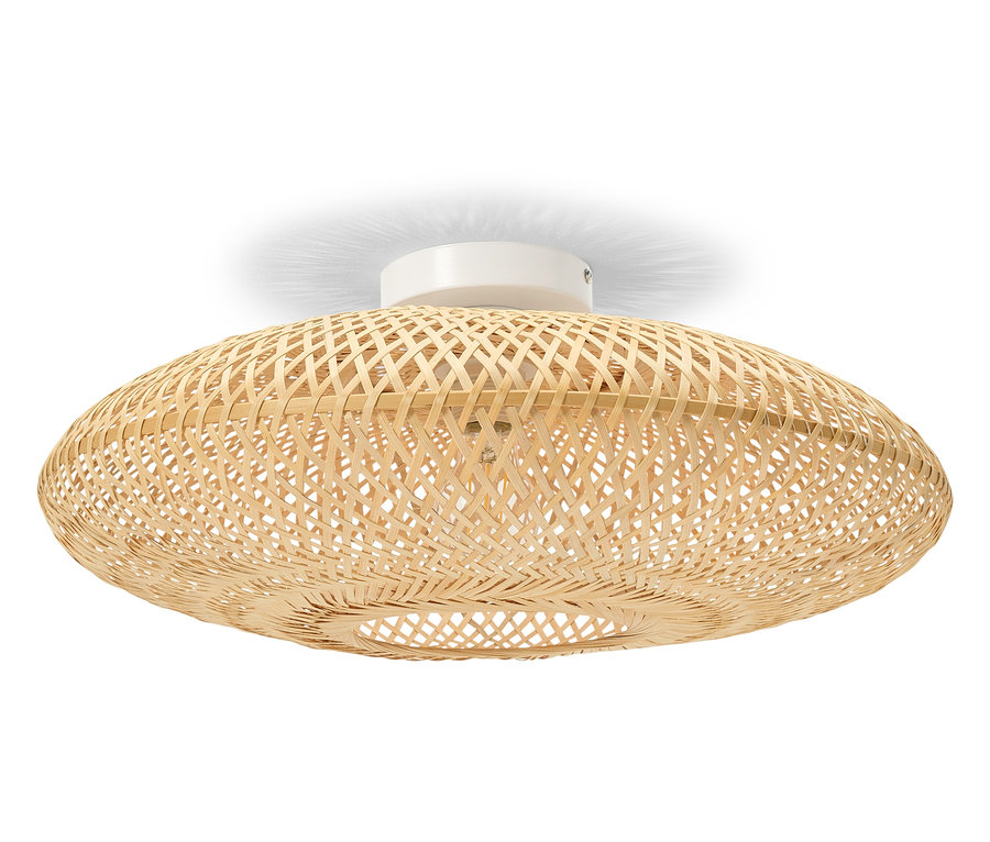 Ovale Deckenleuchte aus hellem Bambus mit weißer Deckenhalterung.