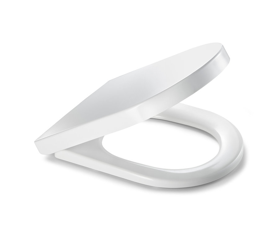 Ein leicht geöffneter, weißer Premium-WC-Sitz mit Absenkautomatik.
