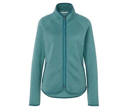 Türkisfarbene Fleecejacke mit langen Ärmeln und Reißverschluss in der Mitte.