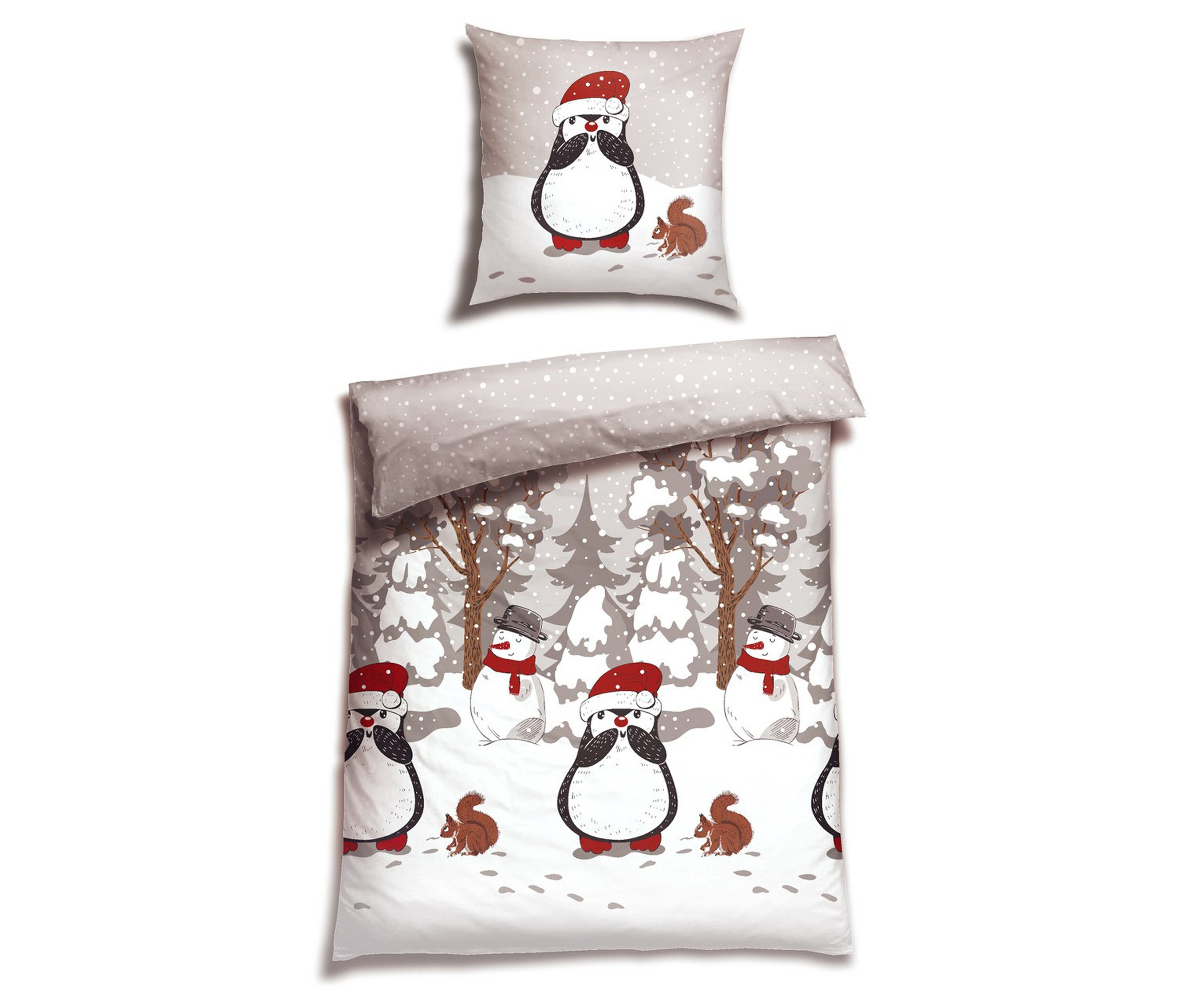 Ein vollständiges Set SCHIESSER Feinbiber X-Mas Bettwäsche »Sensia« mit Weihnachtsmann-Pinguin-Motiv.