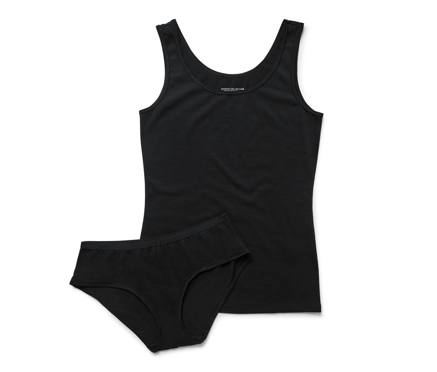 Schwarzes Unterwäsche-Set mit Merinowolle, bestehend aus Tanktop und Slip.
