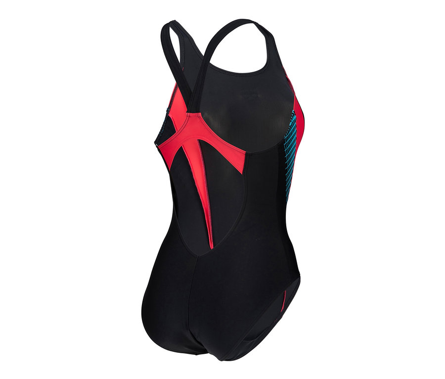 Schwarz-roter Sportbadeanzug mit blauen Details.