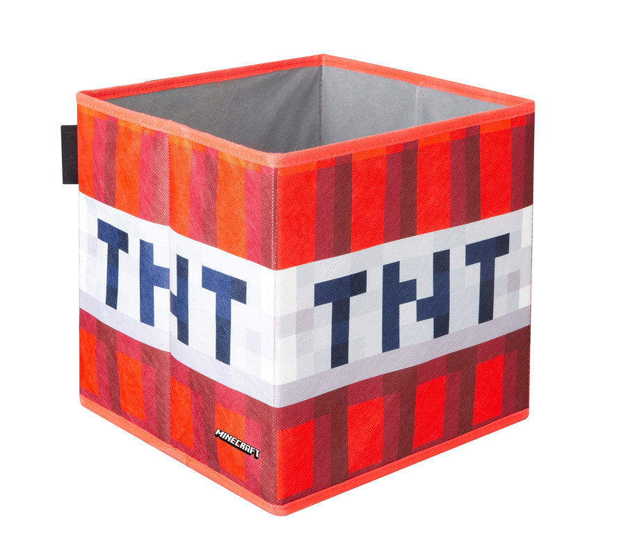 Ein roter und weißer Minecraft TNT Würfel mit schwarzem "TNT"-Schriftzug. Dies ist eine von zwei Minecraft Aufbewahrungsboxen.