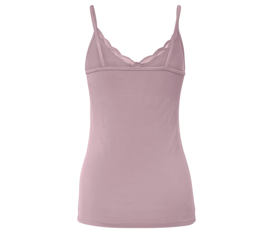 Rückansicht eines violetten Tanktops mit Spitzenbesatz.