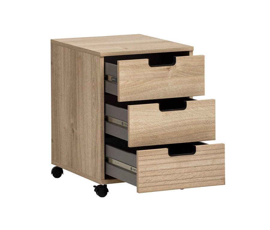 Ein Rollcontainer »Emmik« in Eichenfarben mit drei Schubladen, von denen einige geöffnet sind.