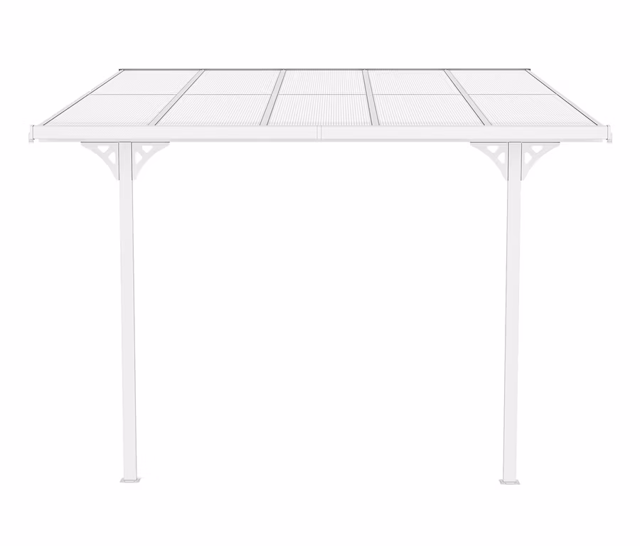 Weiße Terrassenüberdachung, Breite ca. 313 cm.