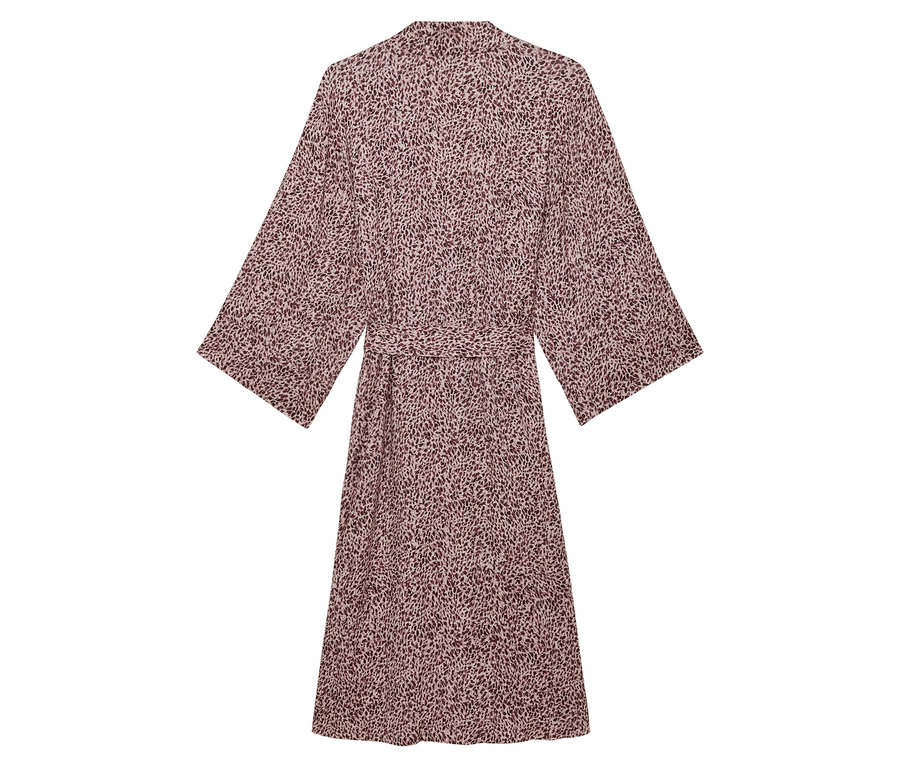 Rückansicht eines gemusterten Damenkleides mit Gürtel.